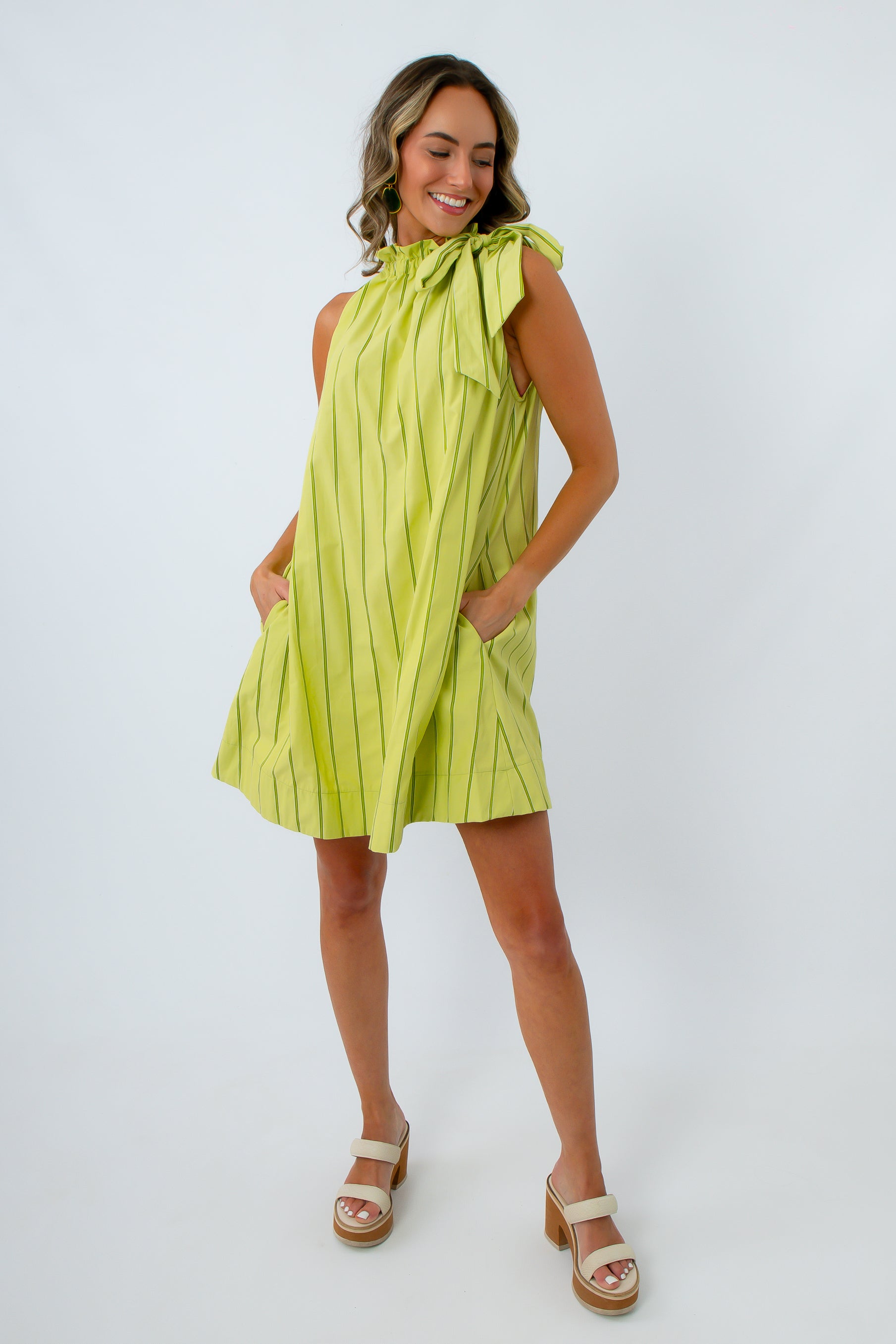 summer workwear lime green bow neck dress