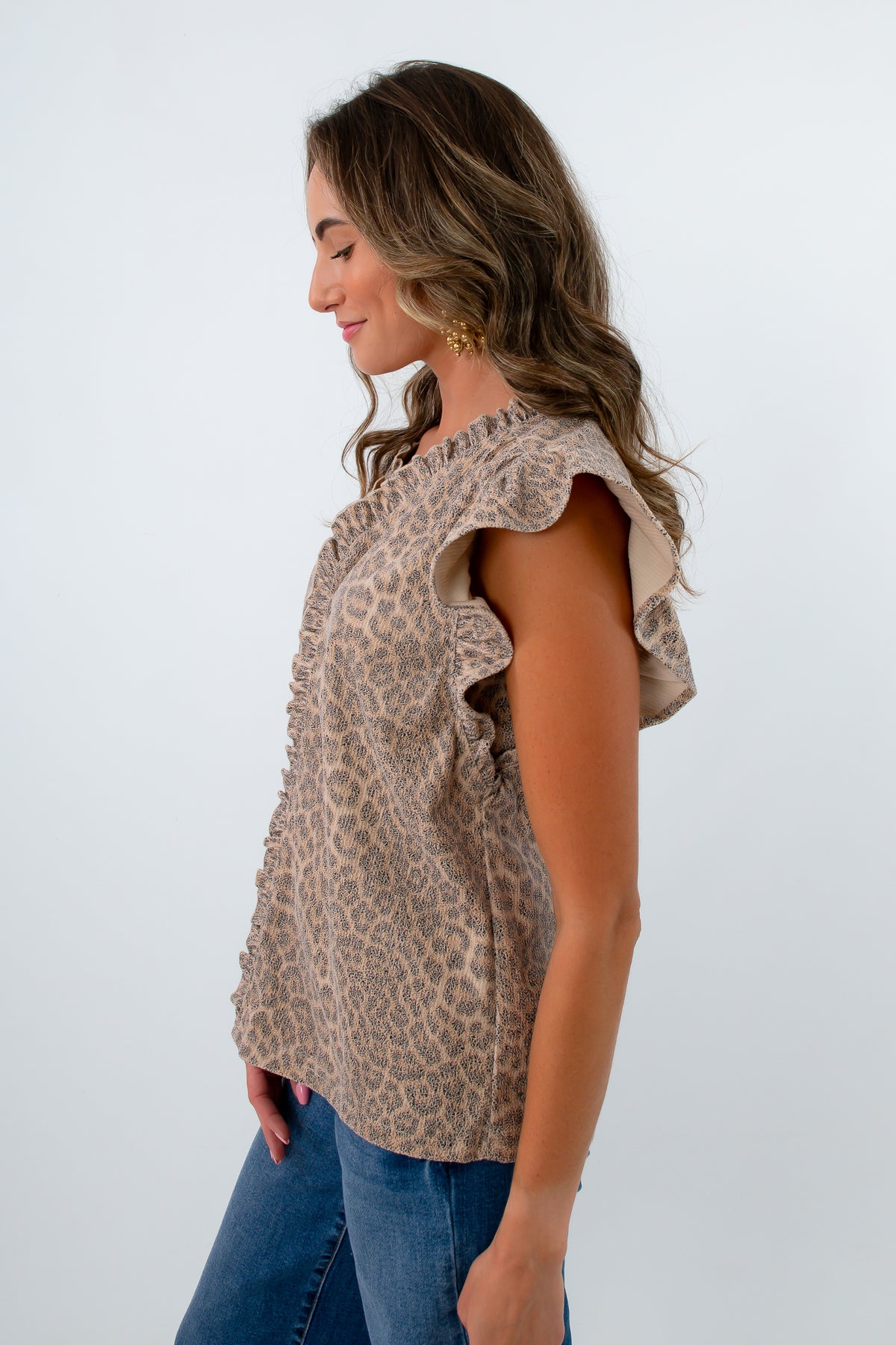 Statement tops with ruffle detail for work, cheetah blouse, leopard blouse, patterned blouse for work