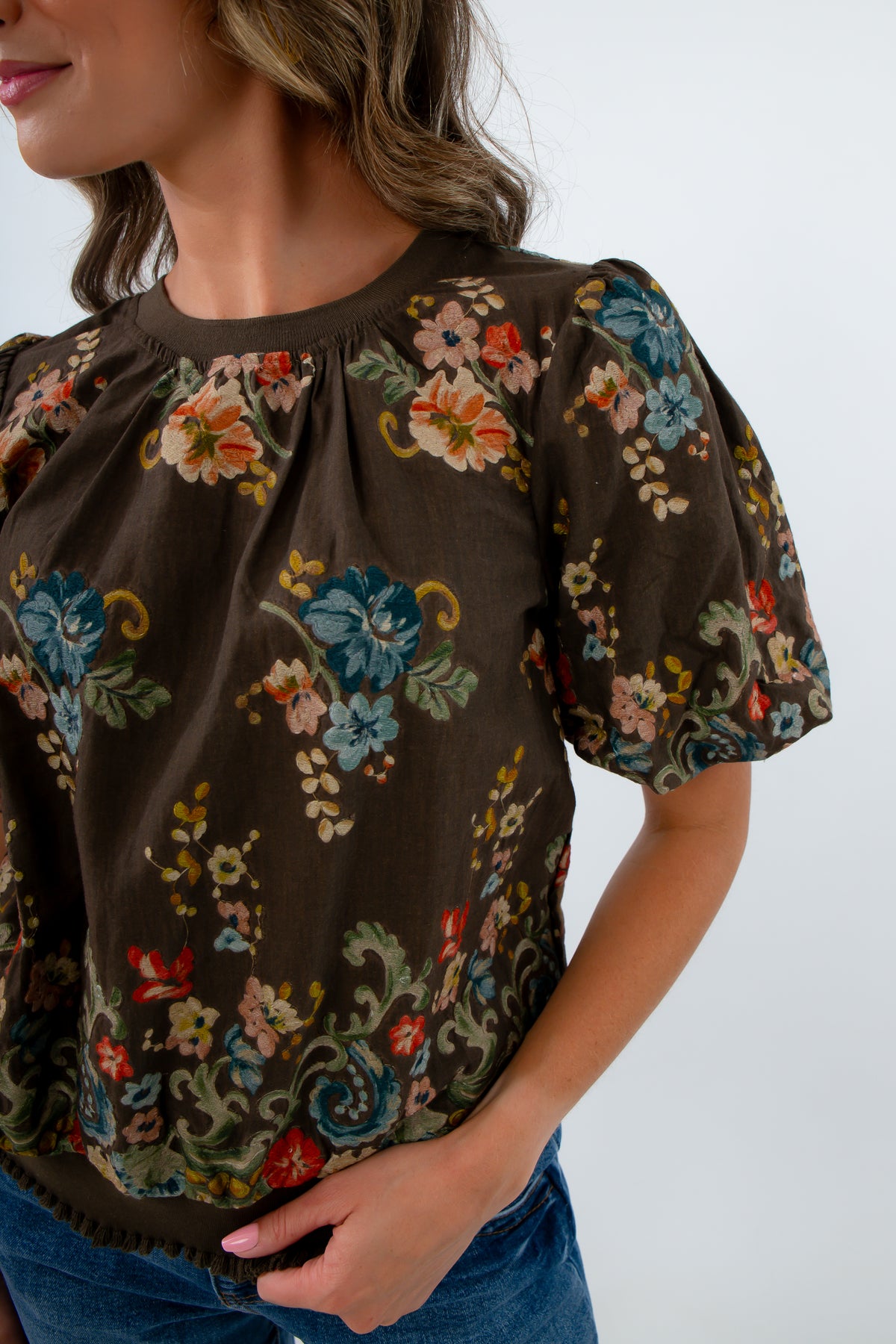Brown top with colorful floral embroidery, brown top with flowers, brown puff sleeve top