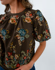 Brown top with colorful floral embroidery, brown top with flowers, brown puff sleeve top