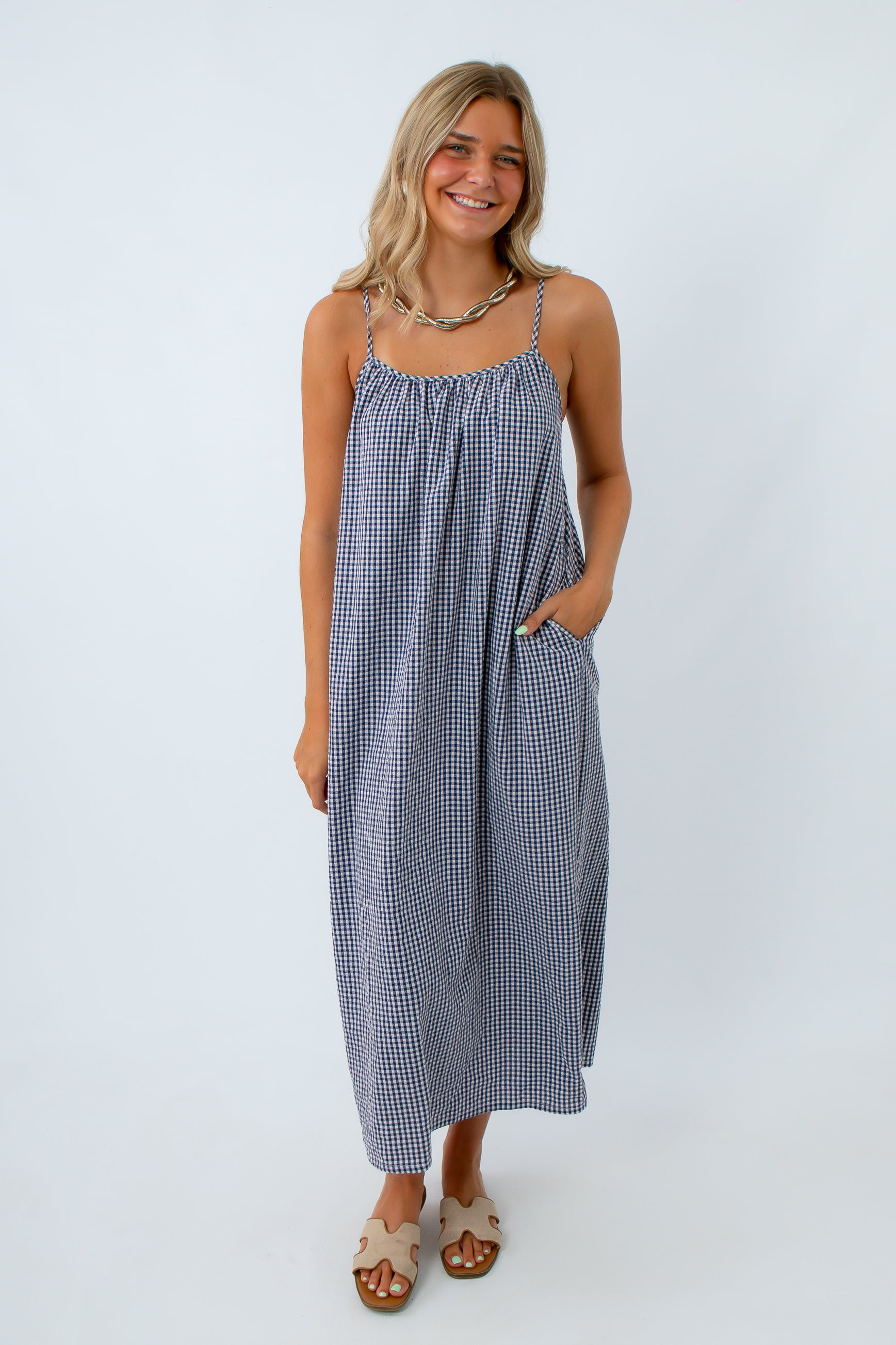 Easy Breezy Navy Gingham Midi Dress