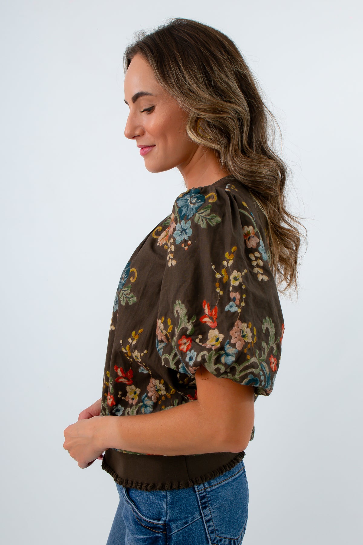 Puff sleeve fall workwear blouse, brown blouse, brown short sleeve blouse, fall workwear