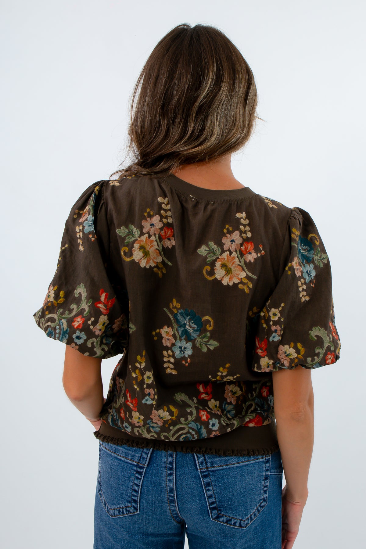 Fall tops with floral embroidery for work, brown blouse with floral embroidery, fall blouse