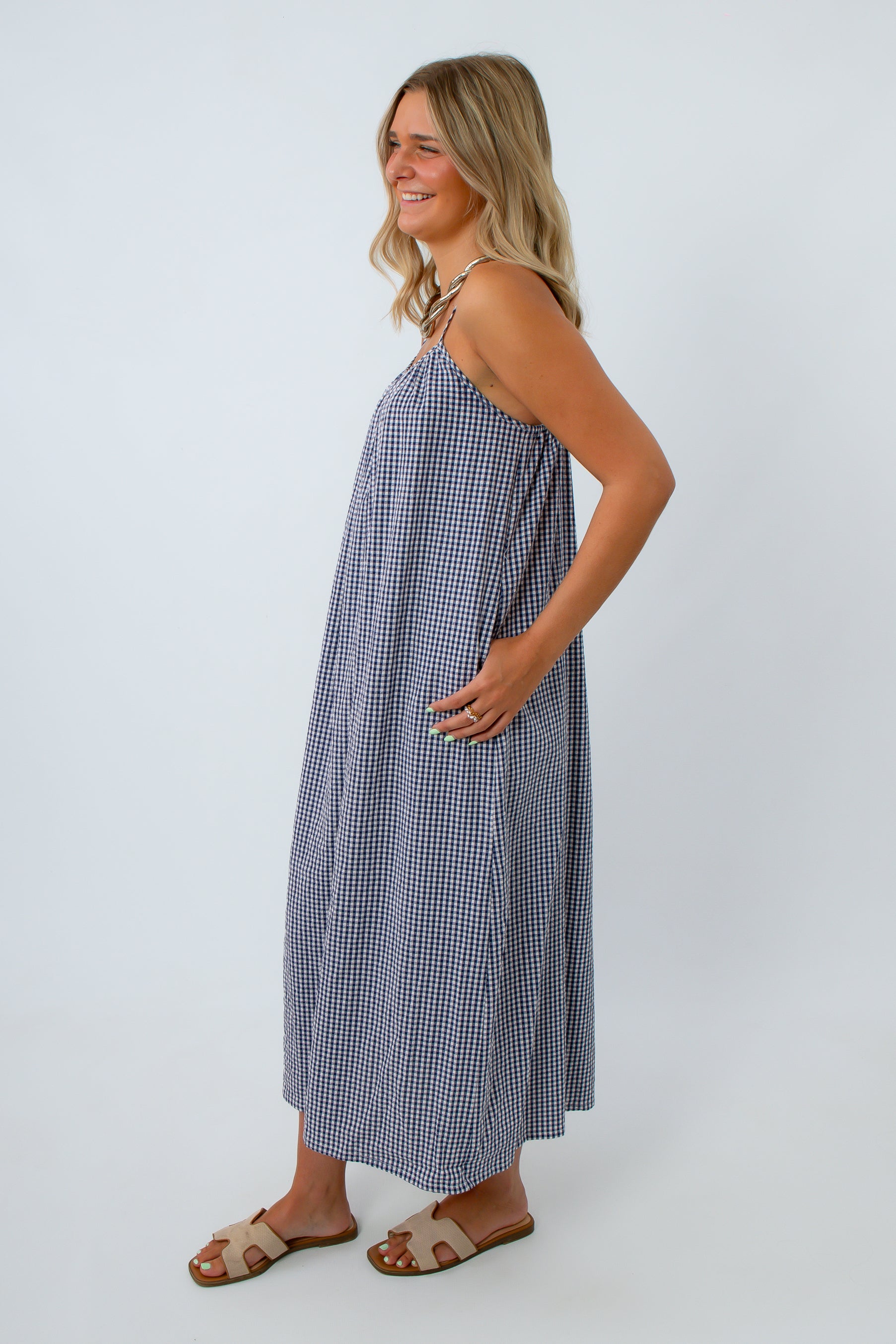 navy gingham dress for 4th of july weekend