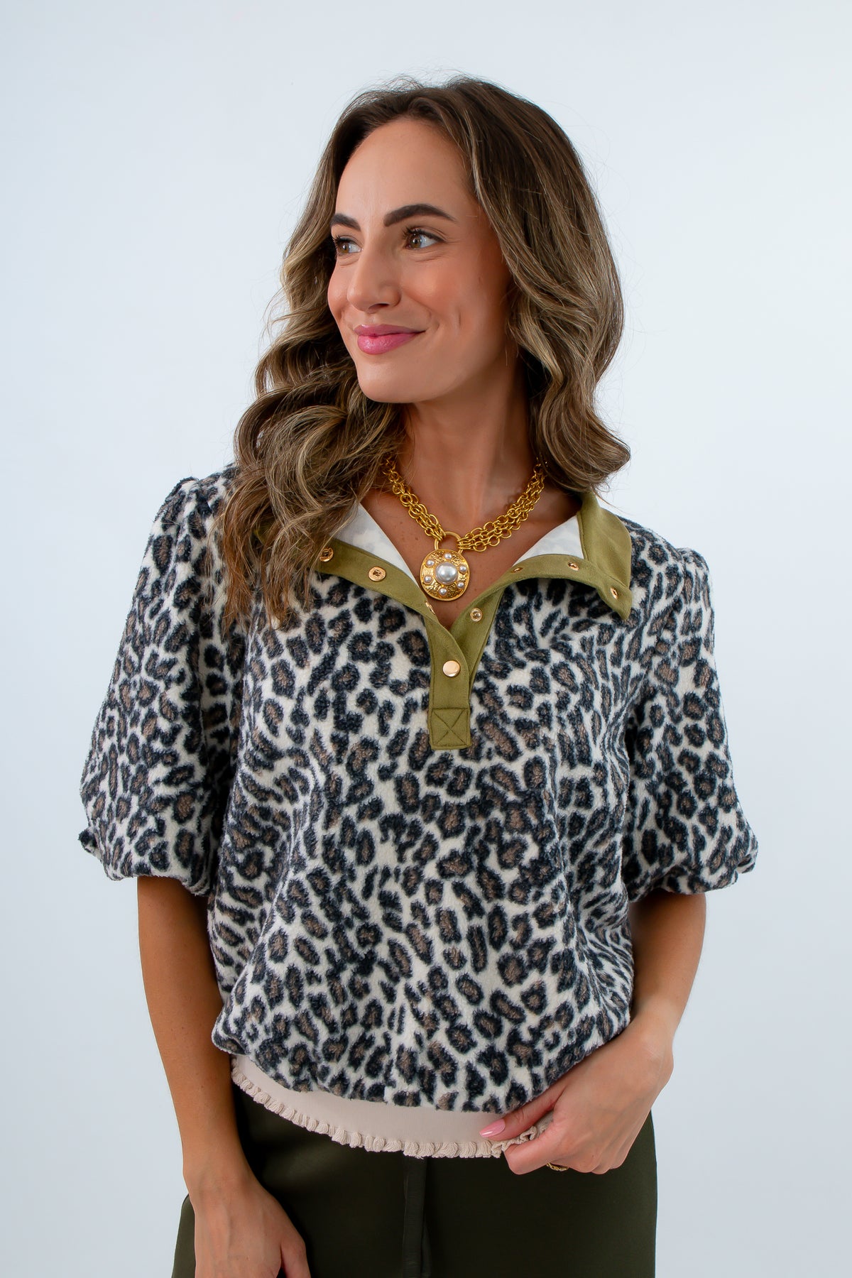 Fern Olive Cheetah Sherpa Top