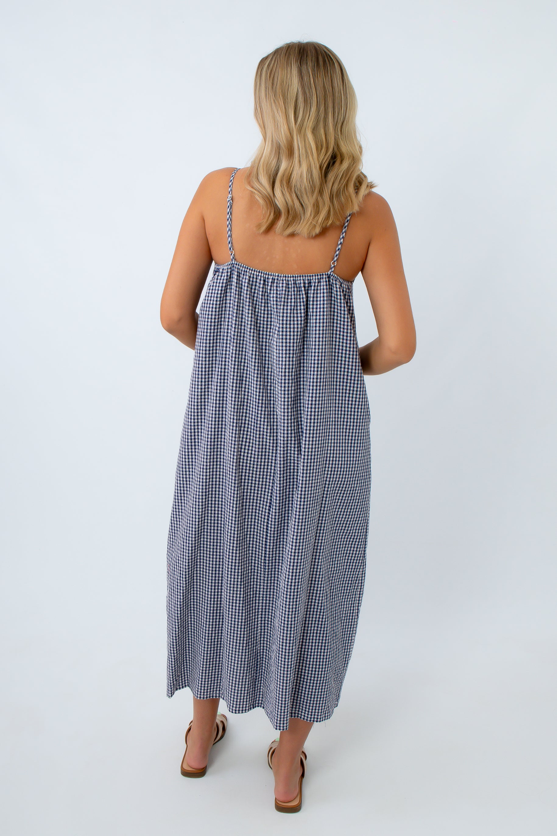 navy and white gingham midi dress casual summer outfit
