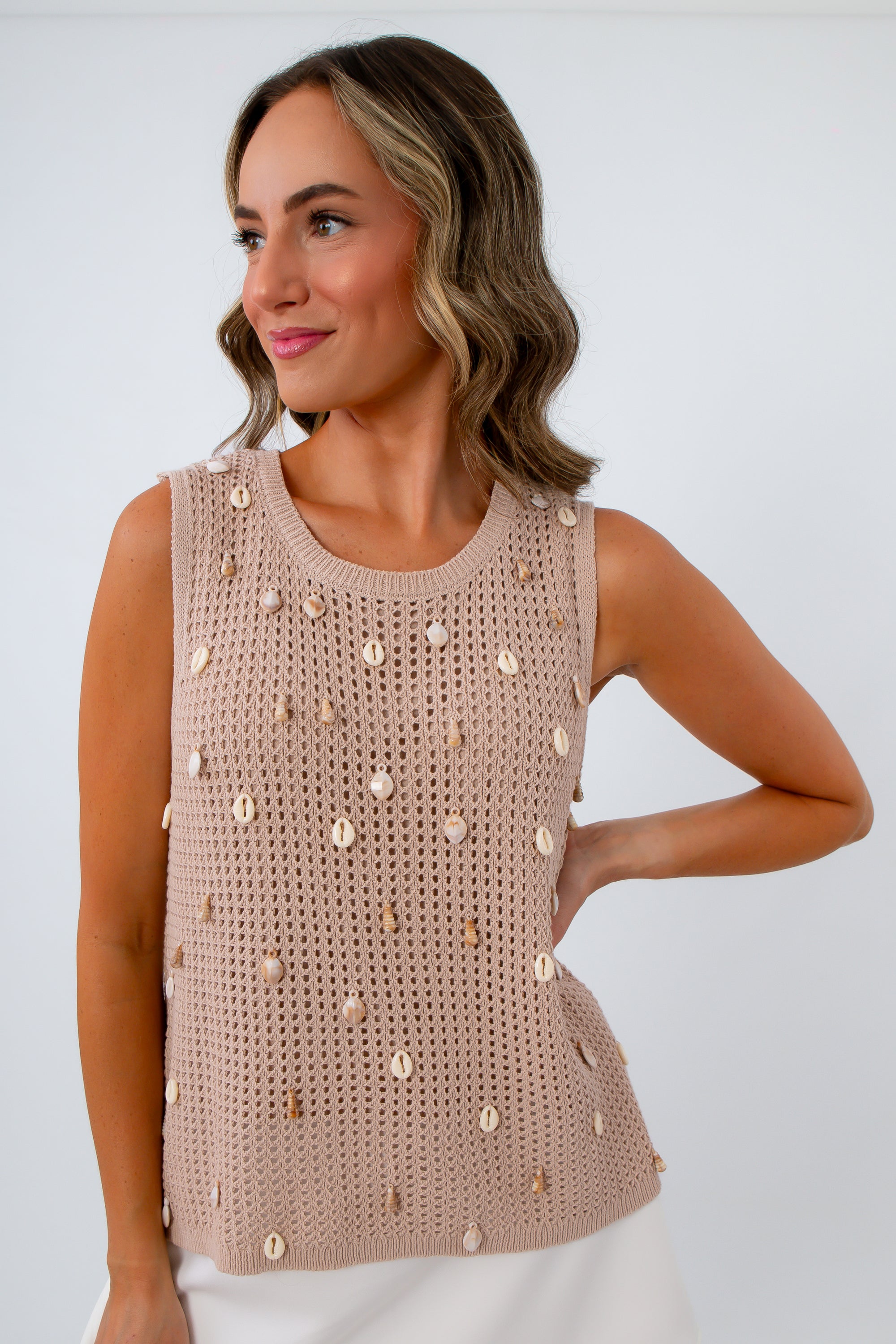 Shell Embellished Knit Sweater Tank