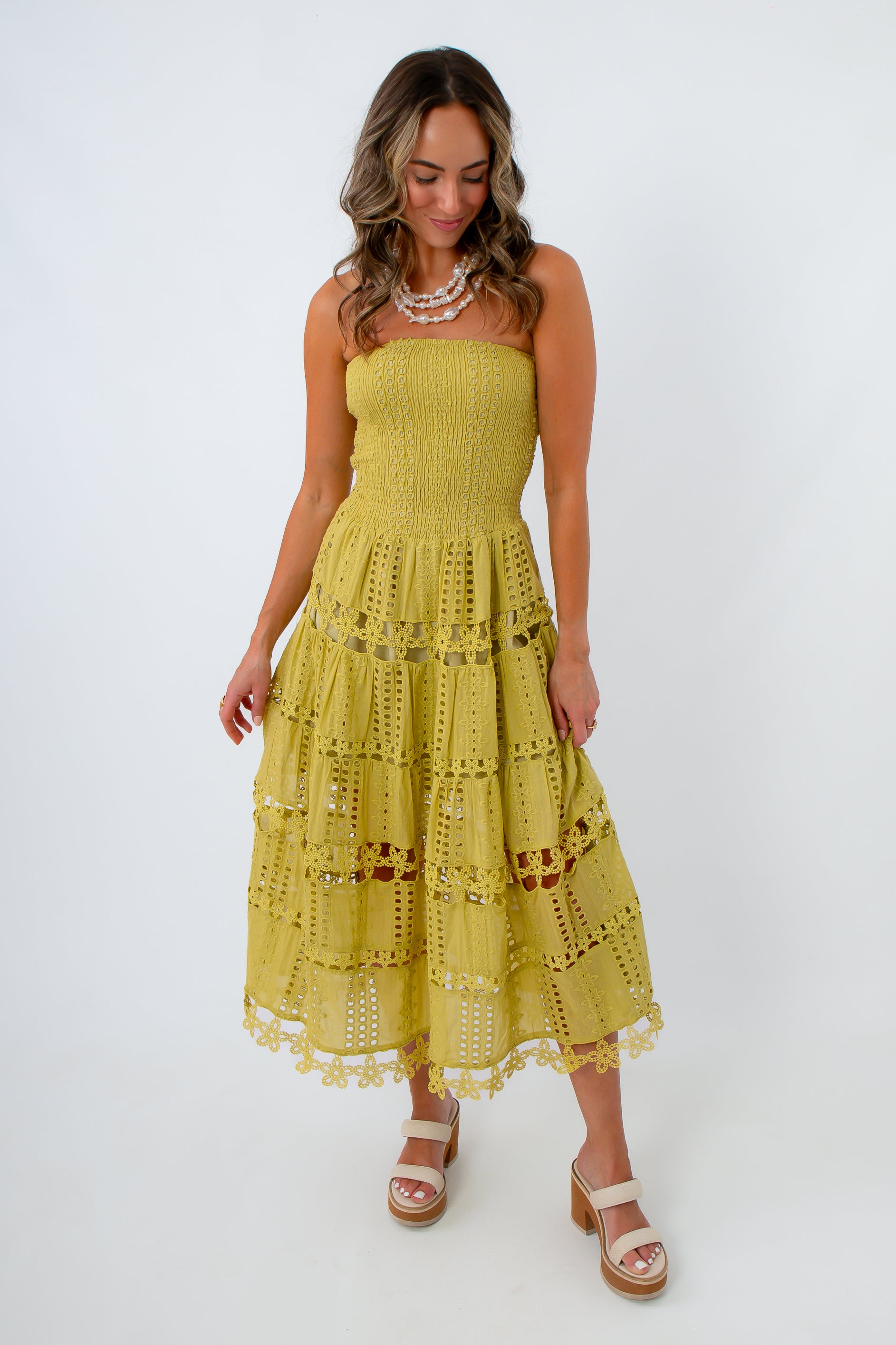 Chartreuse Strapless Midi Dress