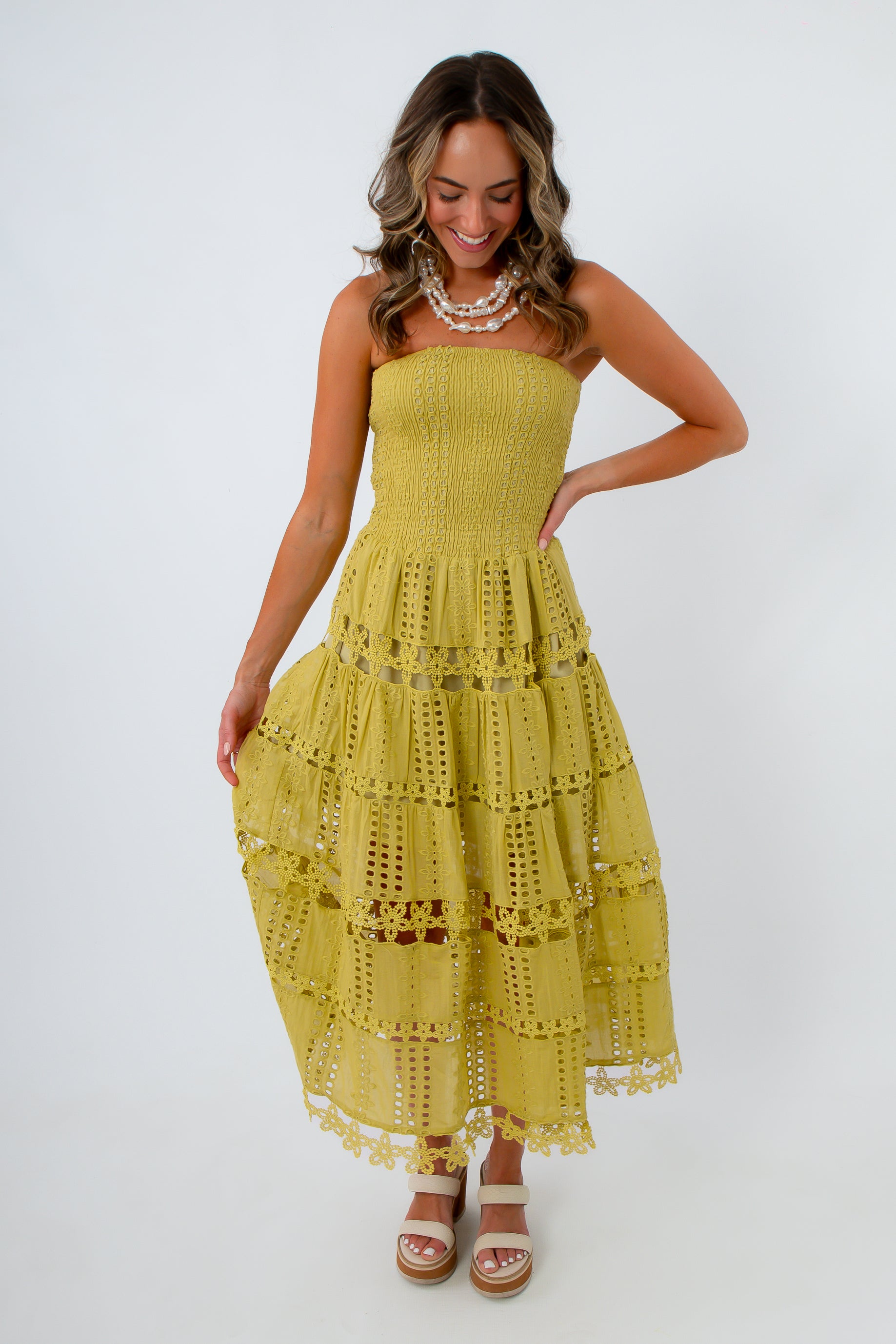 Rico Chartreuse Eyelet Strapless Midi Dress