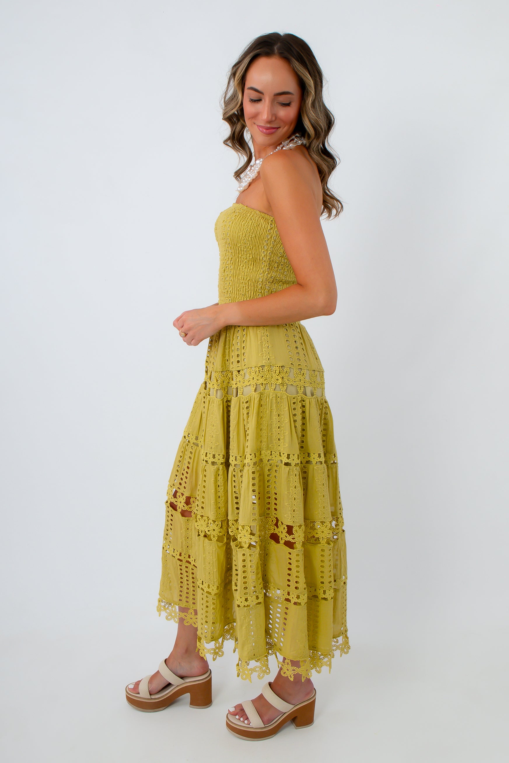 Rico Chartreuse Eyelet Strapless Midi Dress