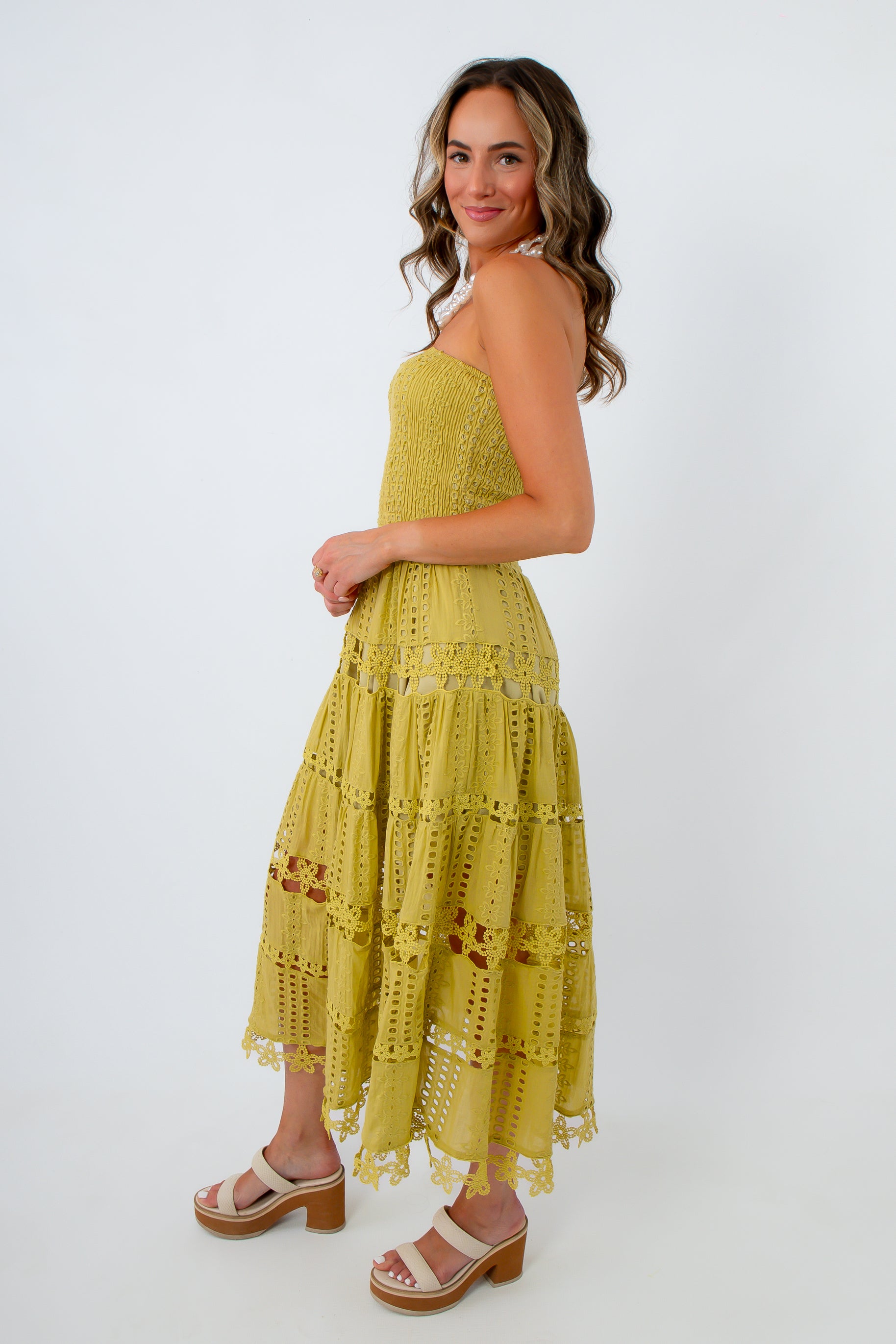 Rico Chartreuse Eyelet Strapless Midi Dress