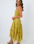 Rico Chartreuse Eyelet Strapless Midi Dress