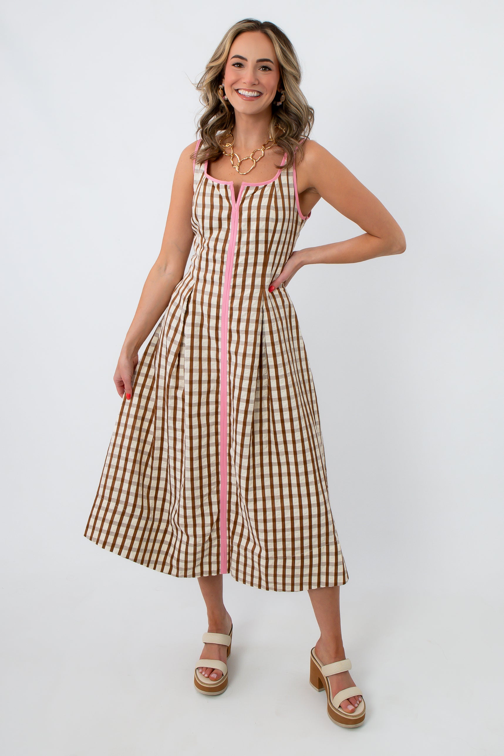 THML Pink & Chocolate Brown Gingham Midi Dress with side pockets, sleeveless, pink trim, full-length, casual summer style