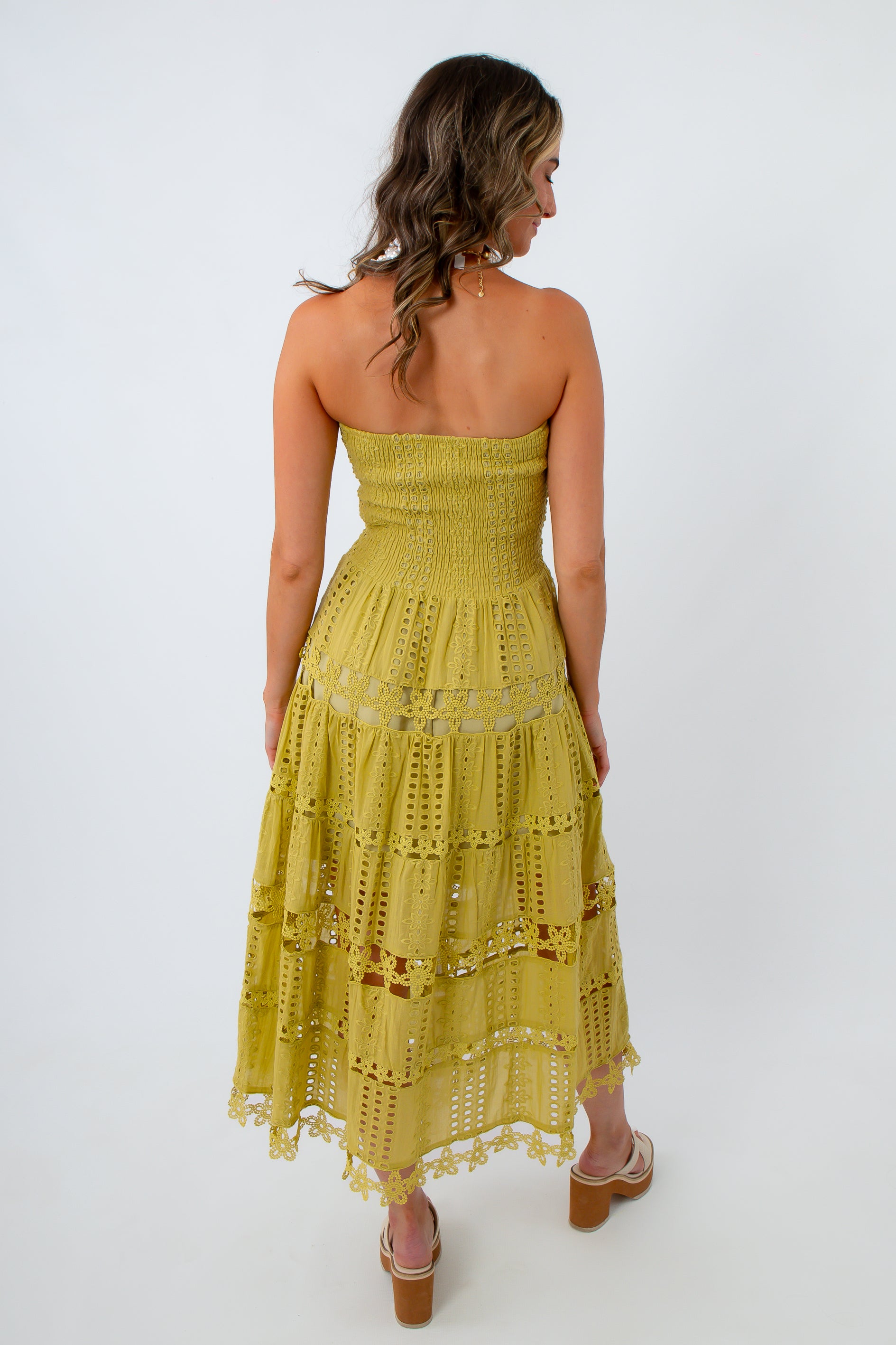 Rico Chartreuse Eyelet Strapless Midi Dress