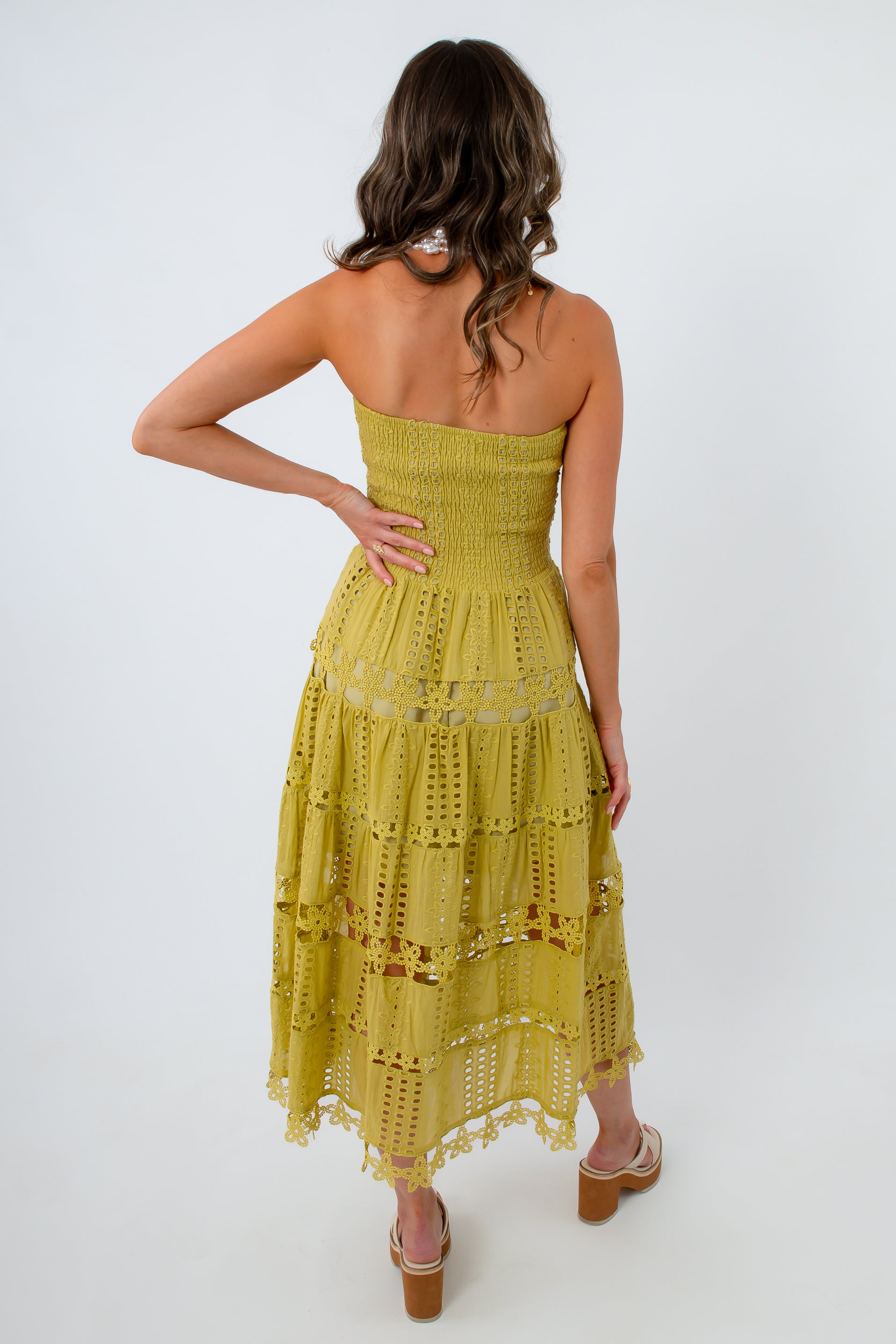 Rico Chartreuse Eyelet Strapless Midi Dress
