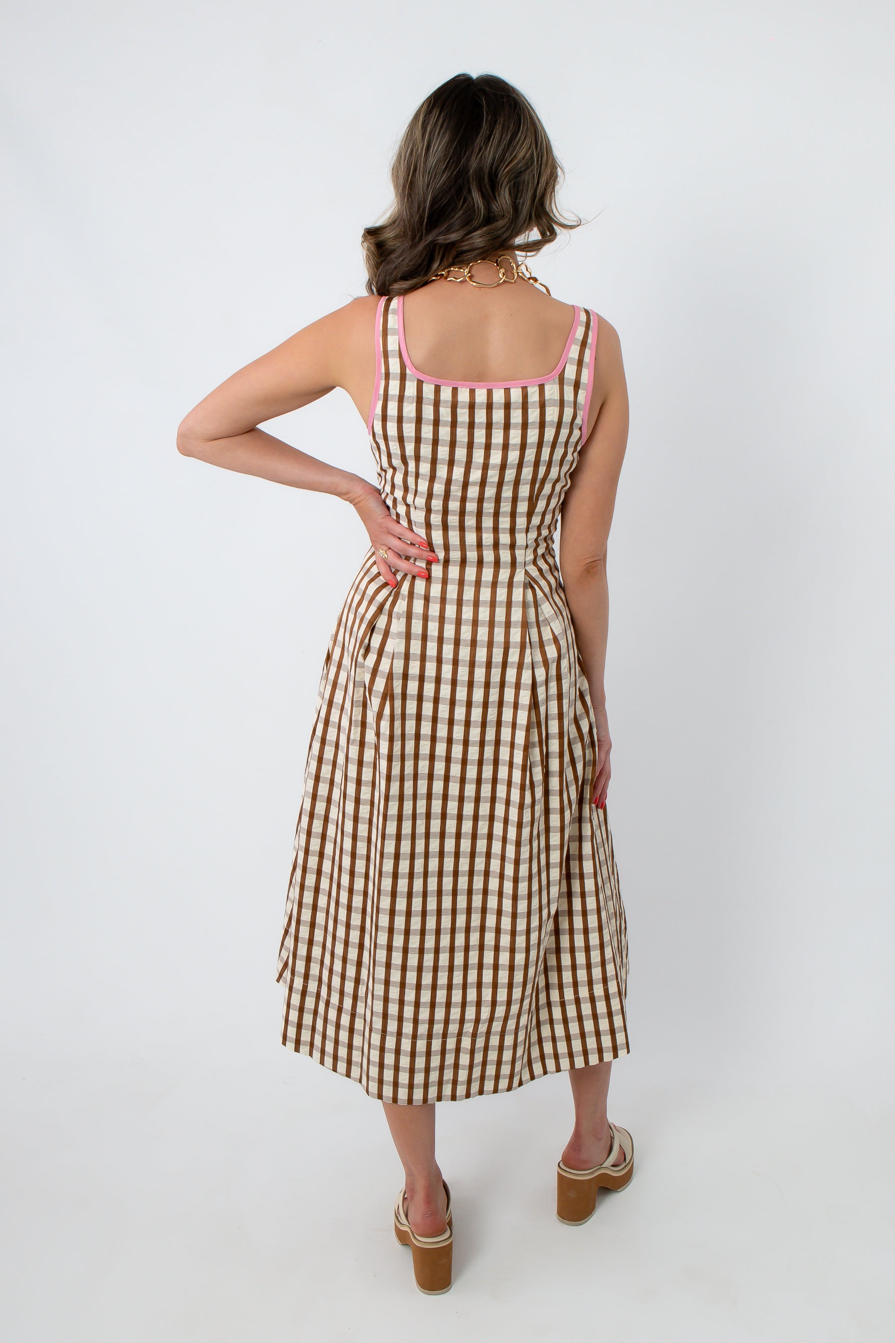Back view of THML Pink & Chocolate Brown Gingham Midi Dress, sleeveless, with side pockets, full-length, stylish summer dress