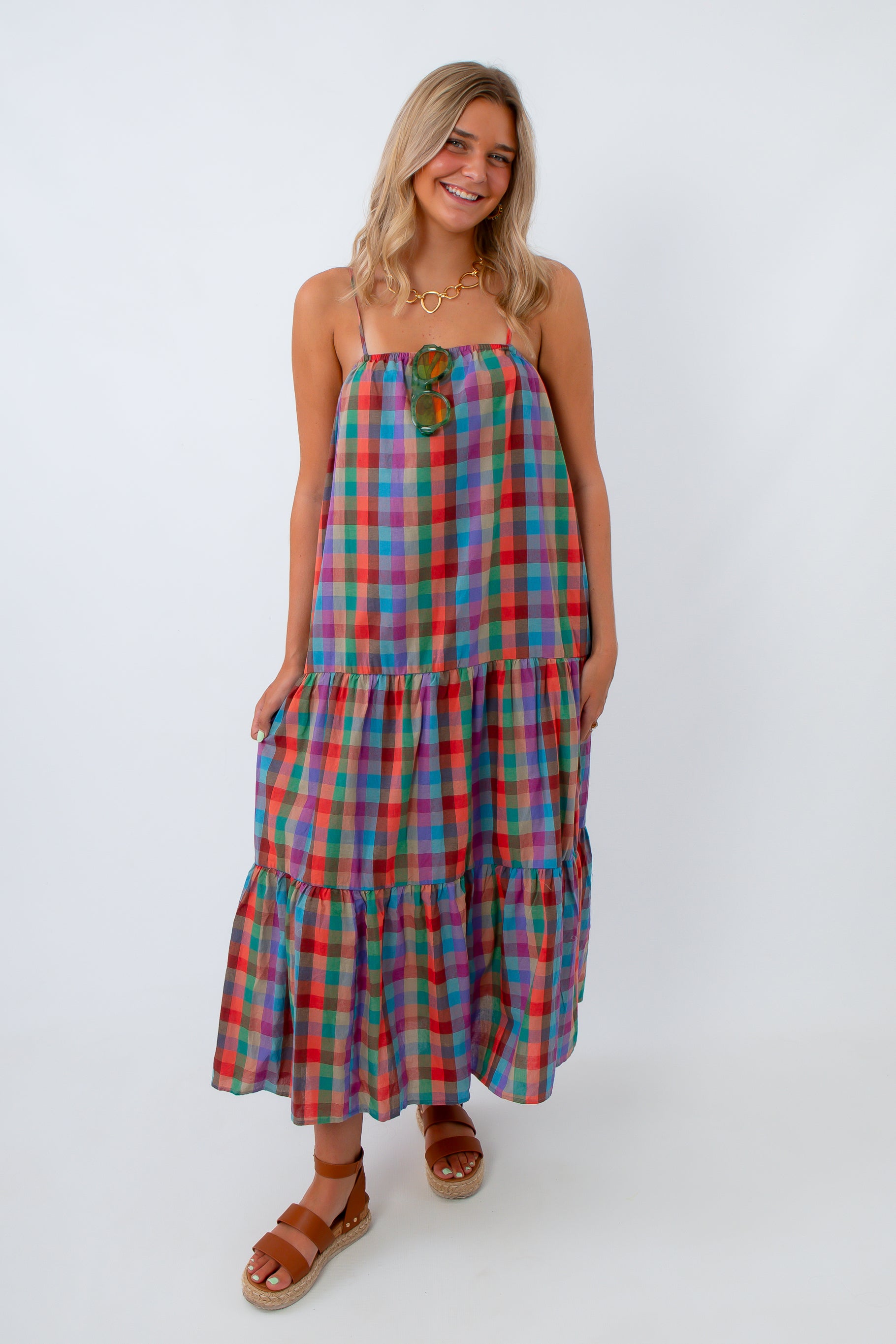 colorful gingham maxi dress