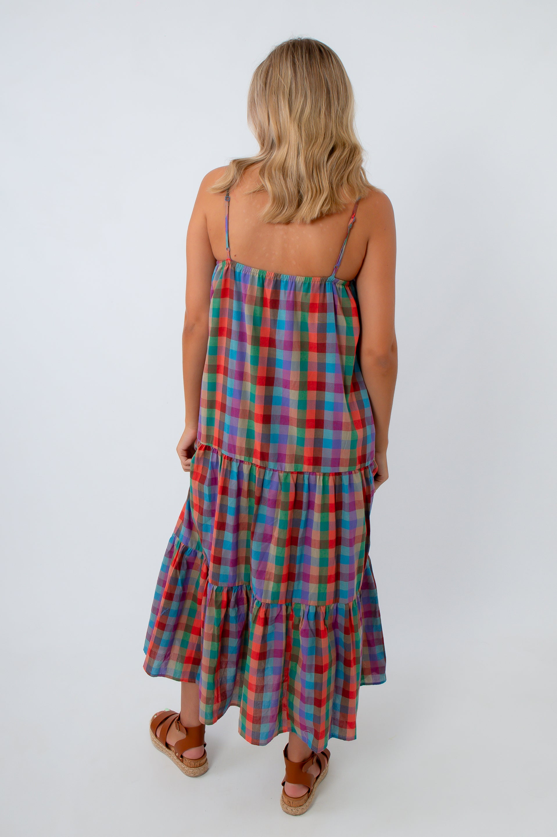 rainbow tiered maxi dress Unique Gradient Print Bohemian Aurohaya Designed with a dreamy ombr color palette that flows from soft aqua blue to warm coral and sunset hues Rainbow Plaid Maxi Dress -