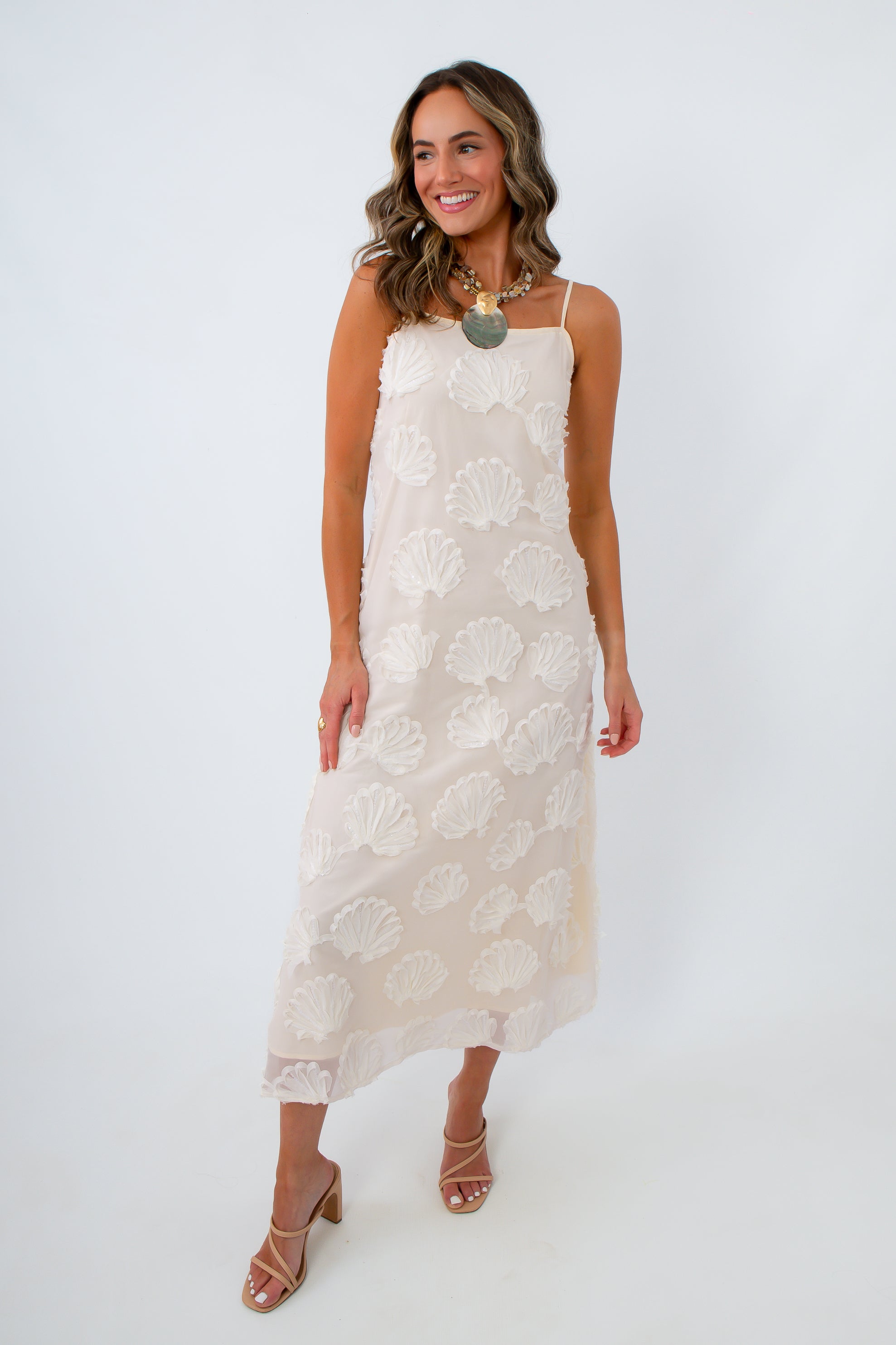 Mermaizing Ivory Shell Applique Maxi Dress
