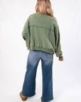 Back view of the Weekend Moves Frosted Sage Terry Lounge Cardigan showing relaxed fit and soft terry fabric, ideal for layering in fall.