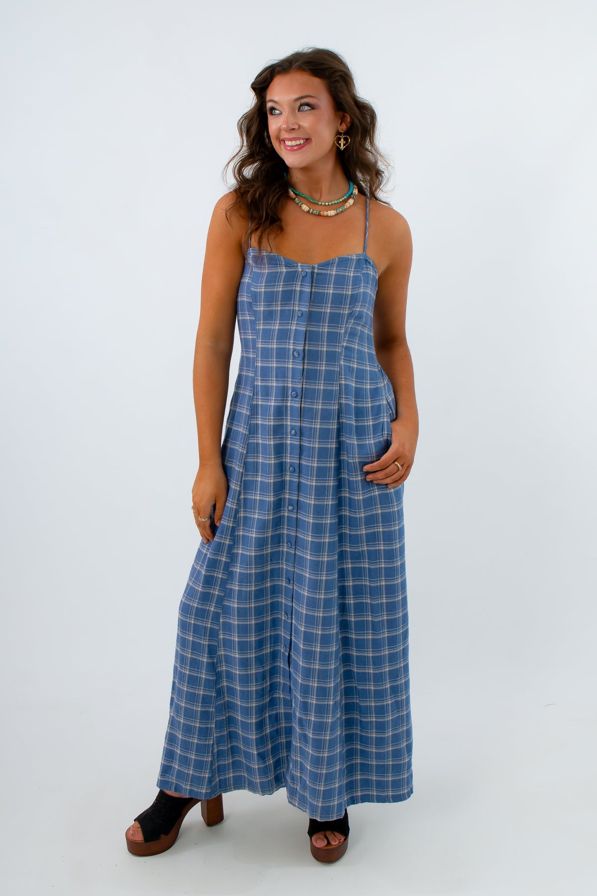Z Supply Mystic Blue Angel Eyes Plaid Midi Dress