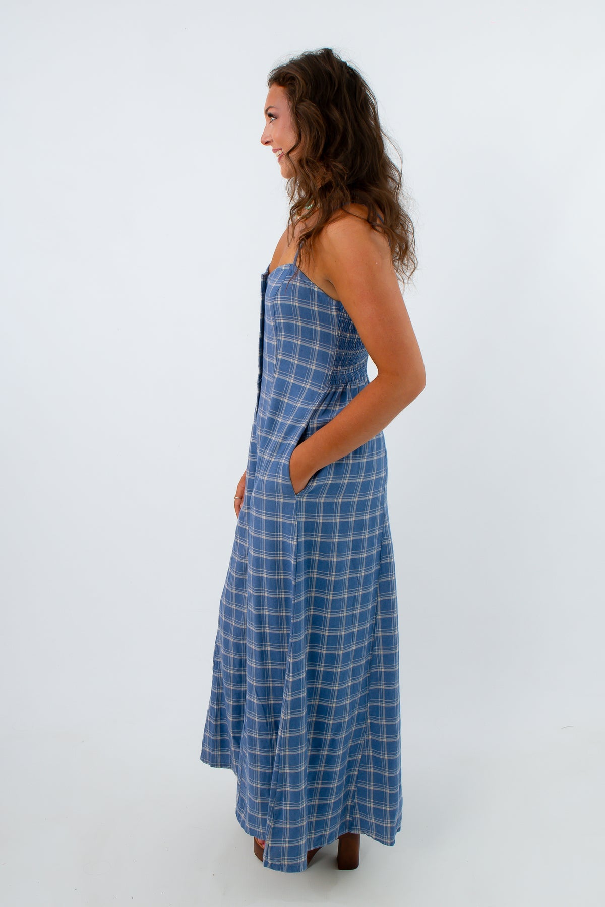 Flannel plaid dress with side pockets and adjustable slit, blue plaid long dress, fall midi dress, long fall dresses