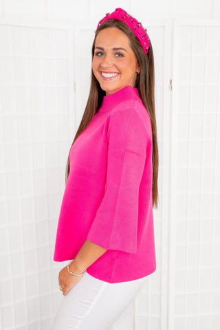 Stylish Standard Hot Pink Mock Neck Bell Sleeve Sweater-Fate-L. Mae Boutique