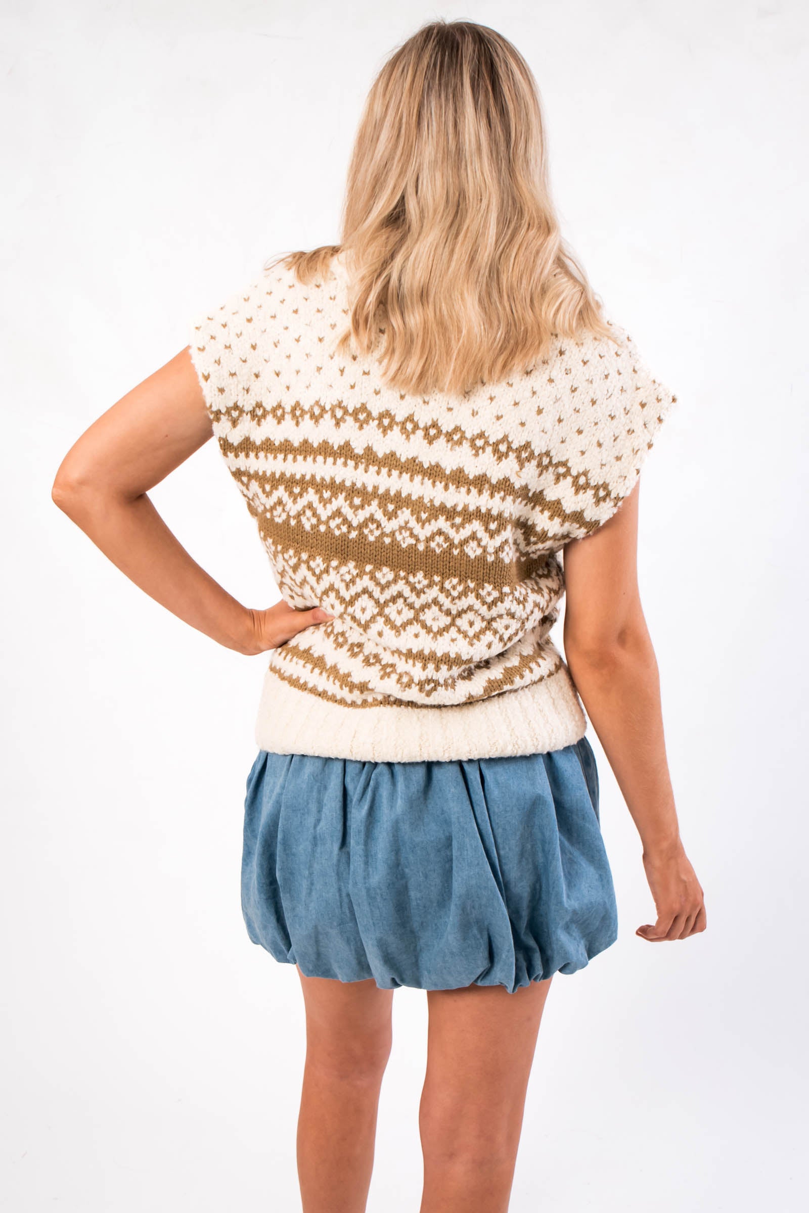 Back view of Steve Madden Multi Paulie Sweater Vest featuring a cozy Fair Isle design, ideal for stylish seasonal layering in women’s apparel.