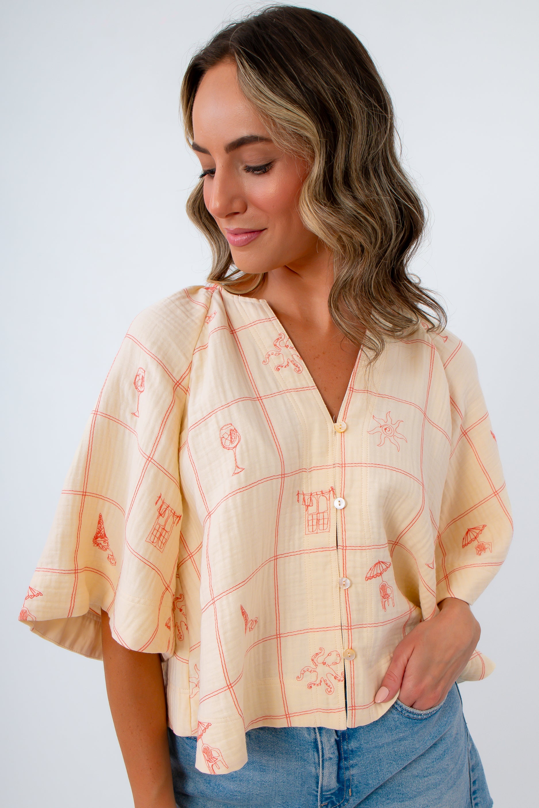 Whimsical summer icon embroidered blouse