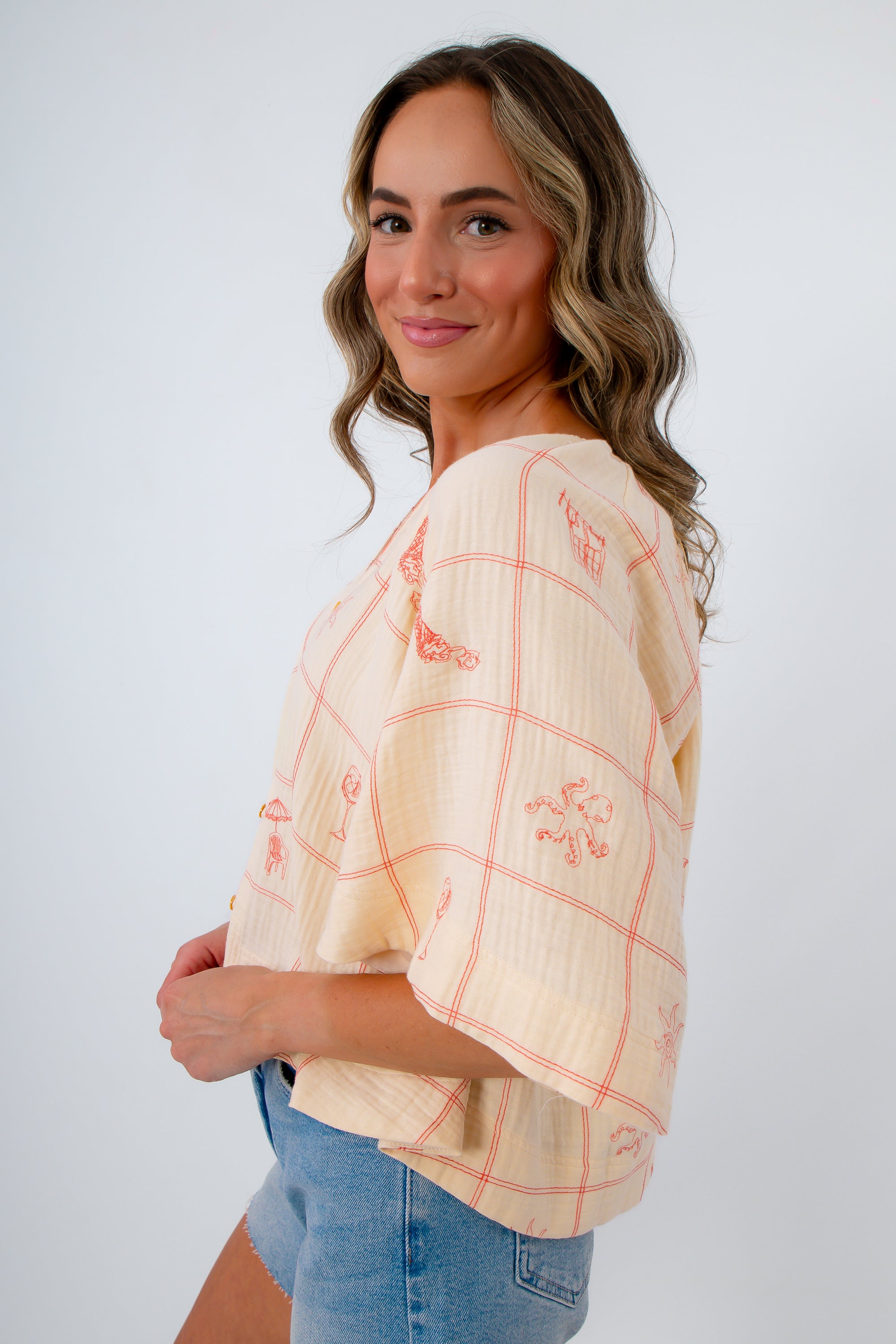 Whimsical summer icon embroidered blouse