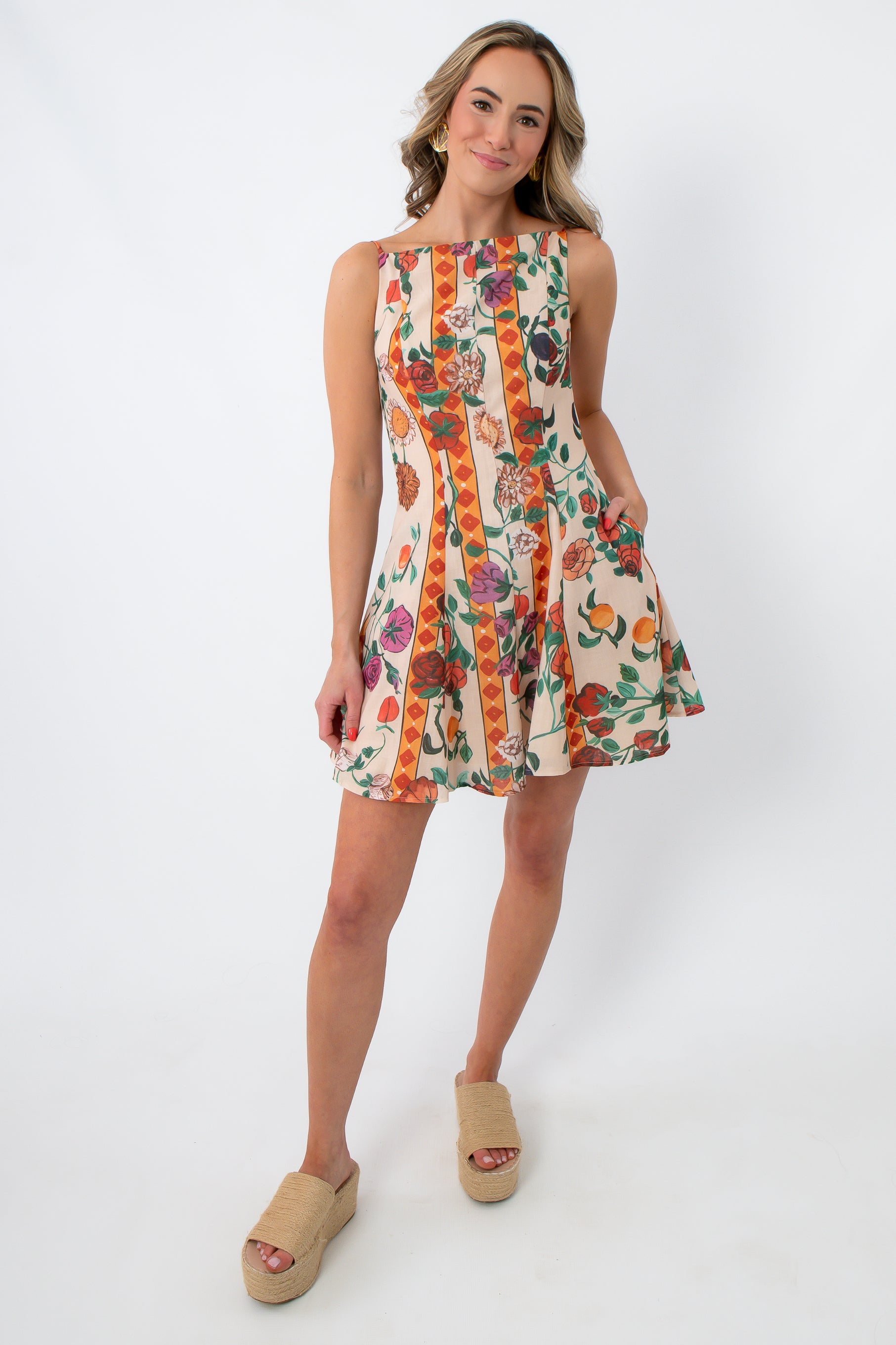 Back view of Salsa Garden Flair Mini Dress with floral and fruit print, sleeveless, summer dress for women