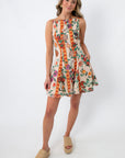Back view of Salsa Garden Flair Mini Dress with floral and fruit print, sleeveless, summer dress for women