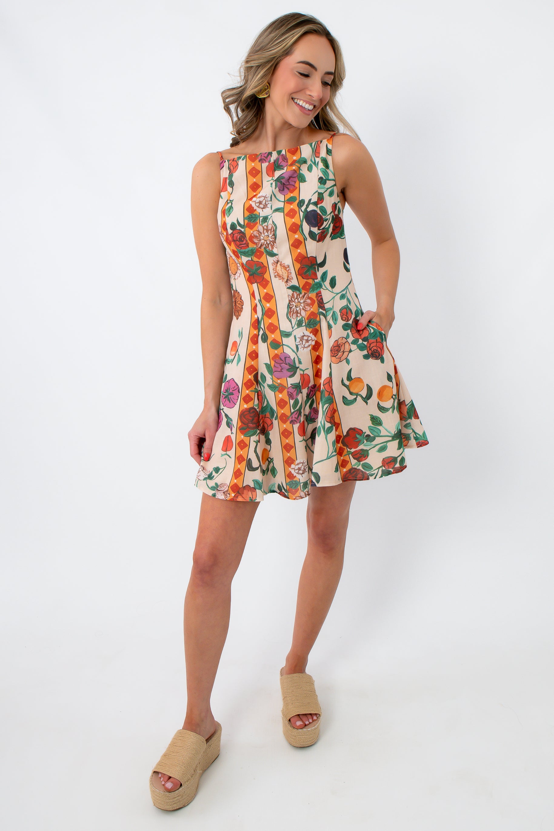 Salsa Garden Flair Mini Dress with floral and fruit print, sleeveless, summer dress for women