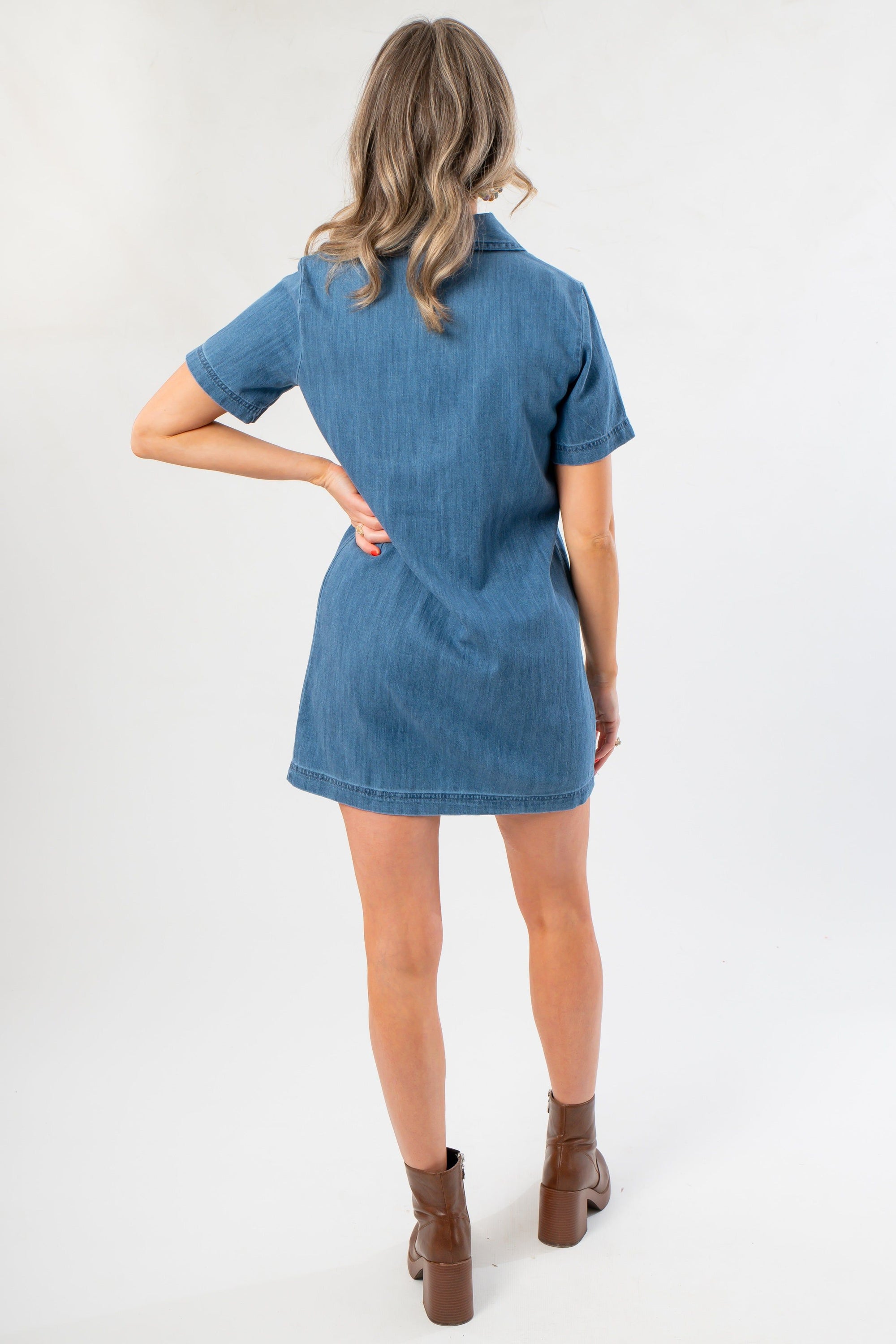 Back view of Z Supply Medium Indigo Denim Mini Dress highlighting its clean, simple design and above-the-knee length. Great for versatile styling.
