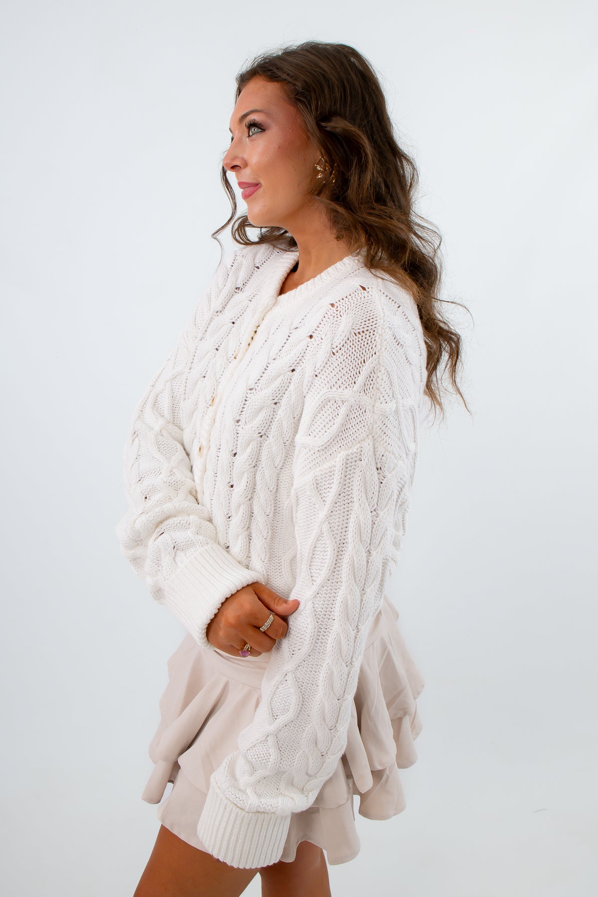 White cable knit sweater with buttons, white sweater with button front, neutral sweater for fall
