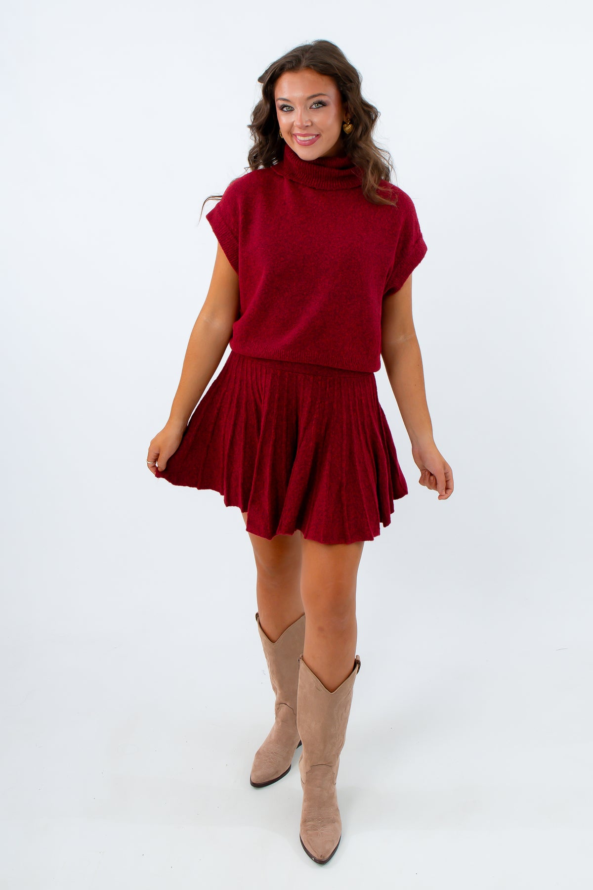 Stylish fall skirt set for University of South Carolina game day, crimson sweater and skirt set for Alabama game day