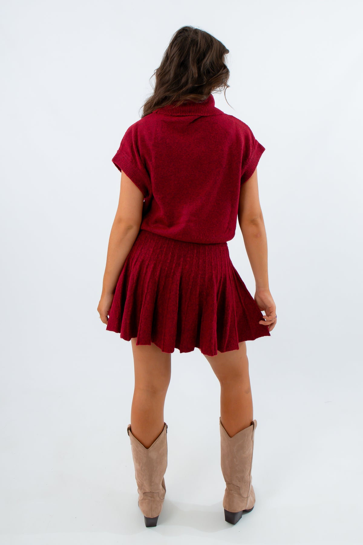 Short sleeve sweater and pleated skirt fall outfit set, fall sweater set, red turtleneck sweater, red knit mini skirt