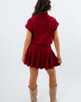 Short sleeve sweater and pleated skirt fall outfit set, fall sweater set, red turtleneck sweater, red knit mini skirt