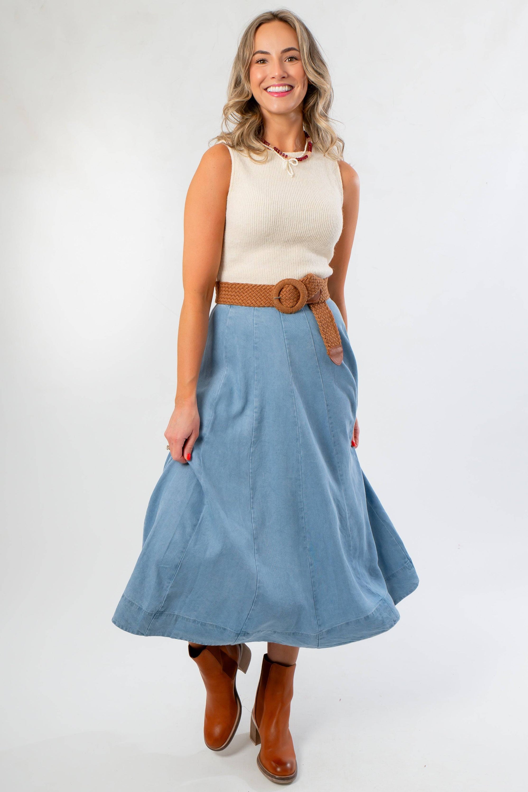 Polly Cream Knit Sleeveless Top styled with a chambray midi skirt and brown belt, ideal fall layering tank for casual chic outfits.