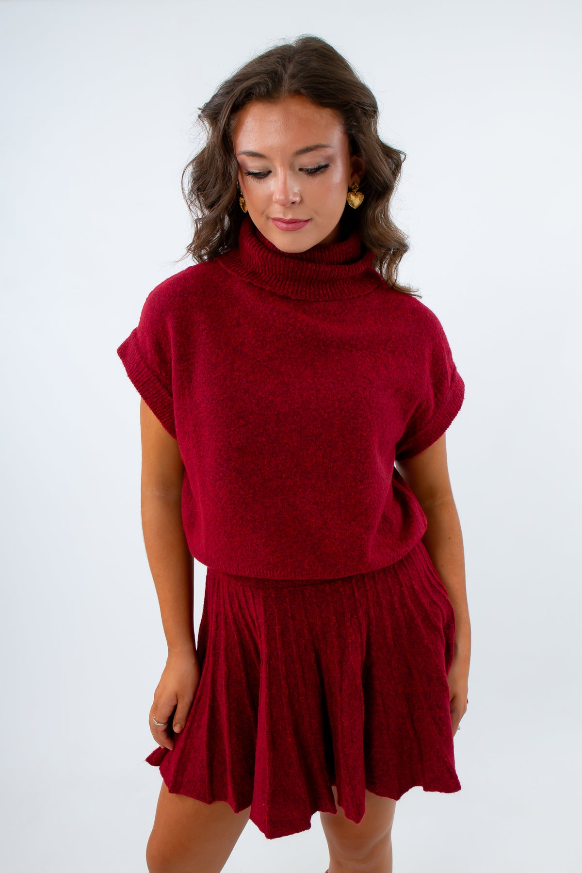 Short sleeve sweater set, fall skirt set, red short sleeve sweater, red pleated skirt
