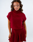 Short sleeve sweater set, fall skirt set, red short sleeve sweater, red pleated skirt