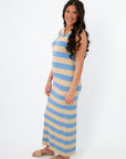Sand & Sky Stripe Knit Maxi Dress in taupe and blue stripes, sleeveless with a ribbed knit texture, ideal for spring casual wear.