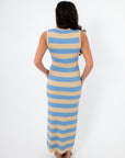 Sand & Sky Stripe Knit Maxi Dress in taupe and blue stripes, sleeveless with a ribbed knit texture, ideal for spring casual wear.