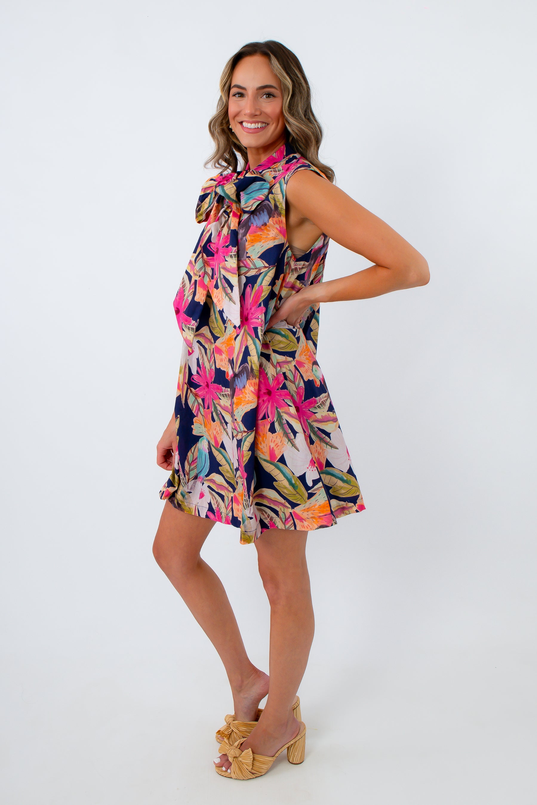 parrot and tropical leaves mini dress
