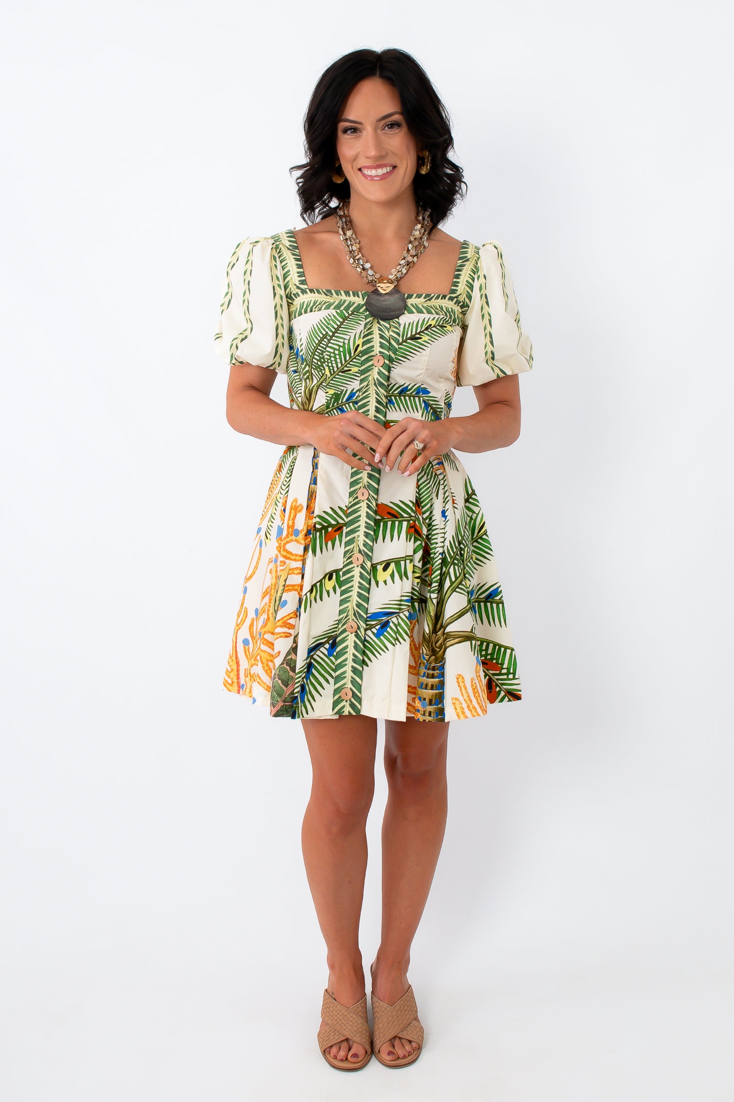 Tropical palm print puff sleeve mini dress for summer