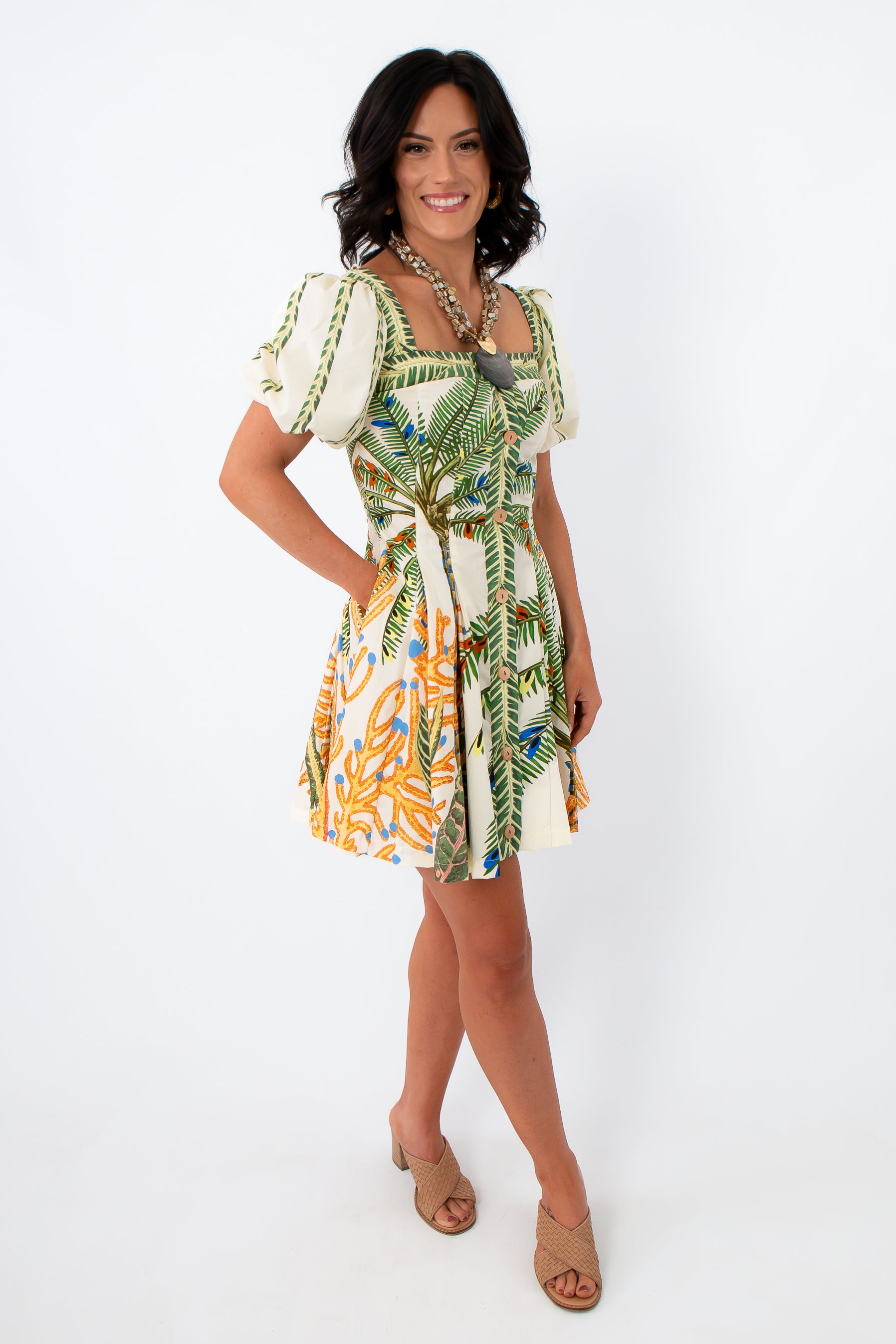 Colorful tropical palm print puff sleeve mini dress for vacation