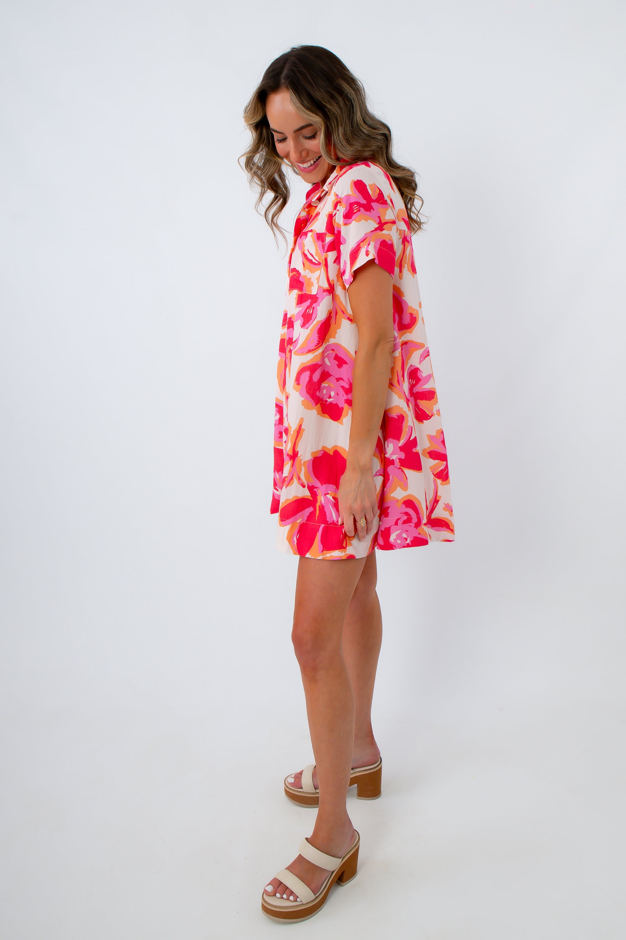 Floral button-front dress with collar
