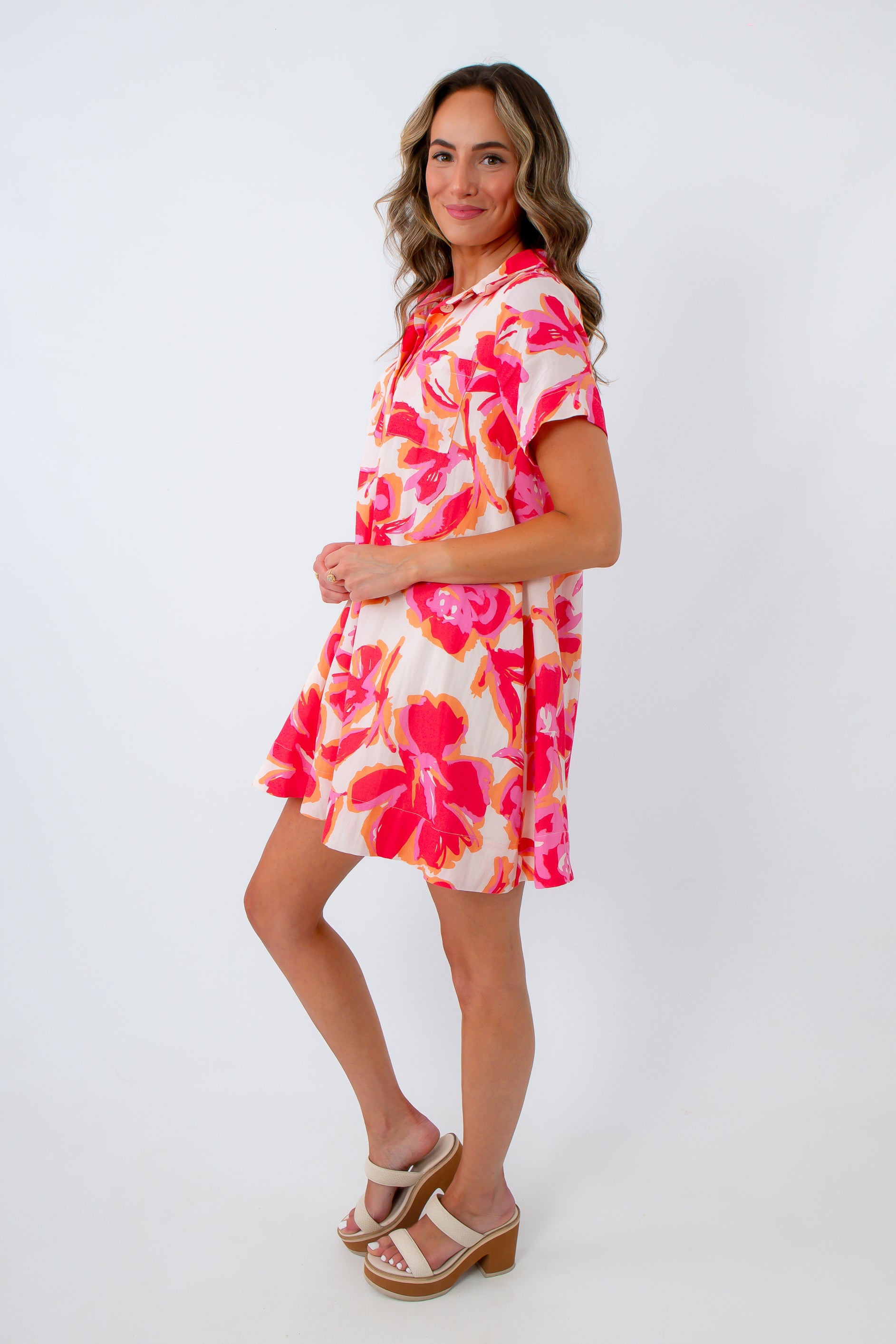 Aloha Shades of Pink Floral Shirt Dress