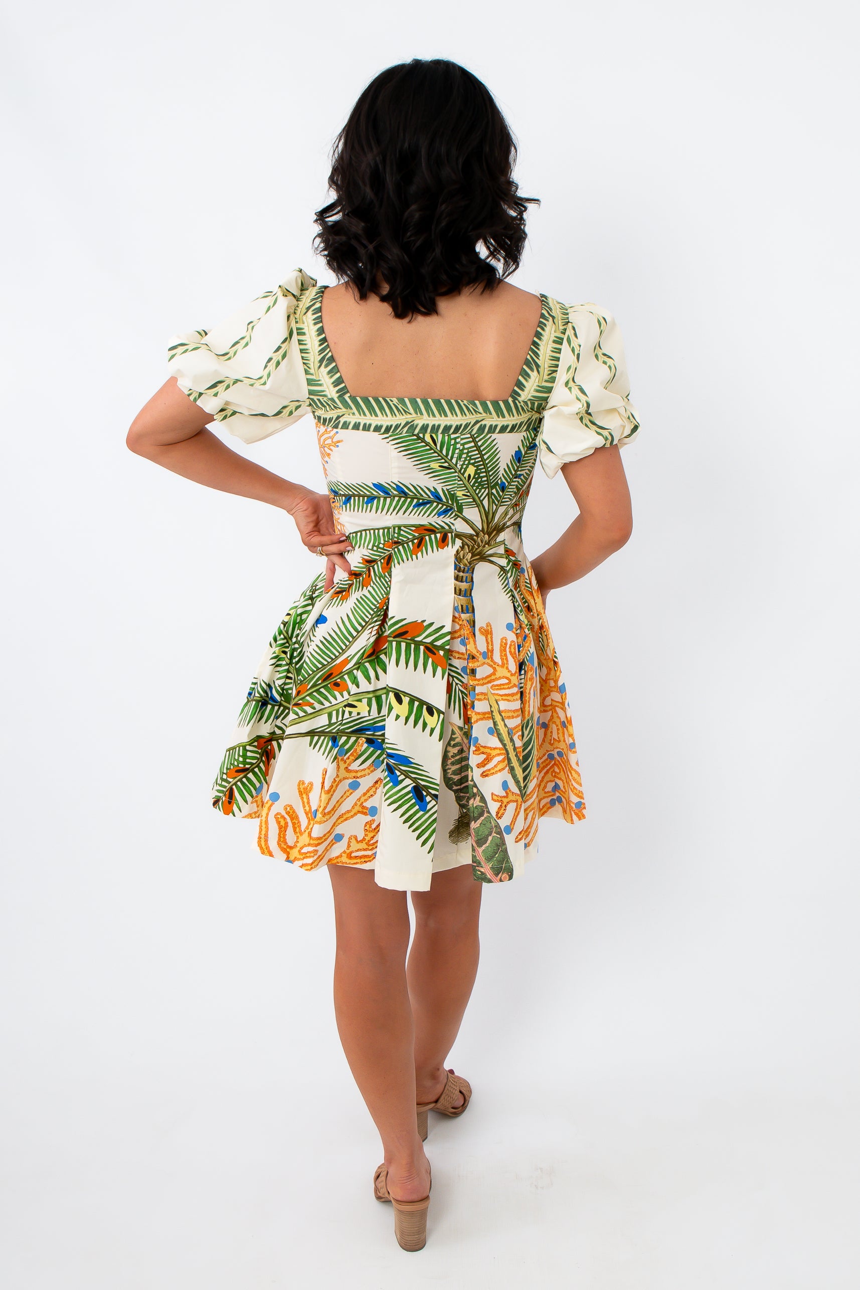 Beachside Palm Puff Sleeve Mini Dress