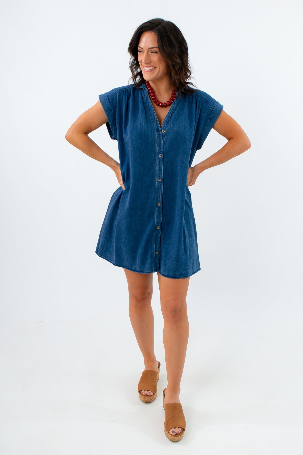 Fall dress perfect for layering, casual denim dress, denim dress with buttons, comfy denim dress